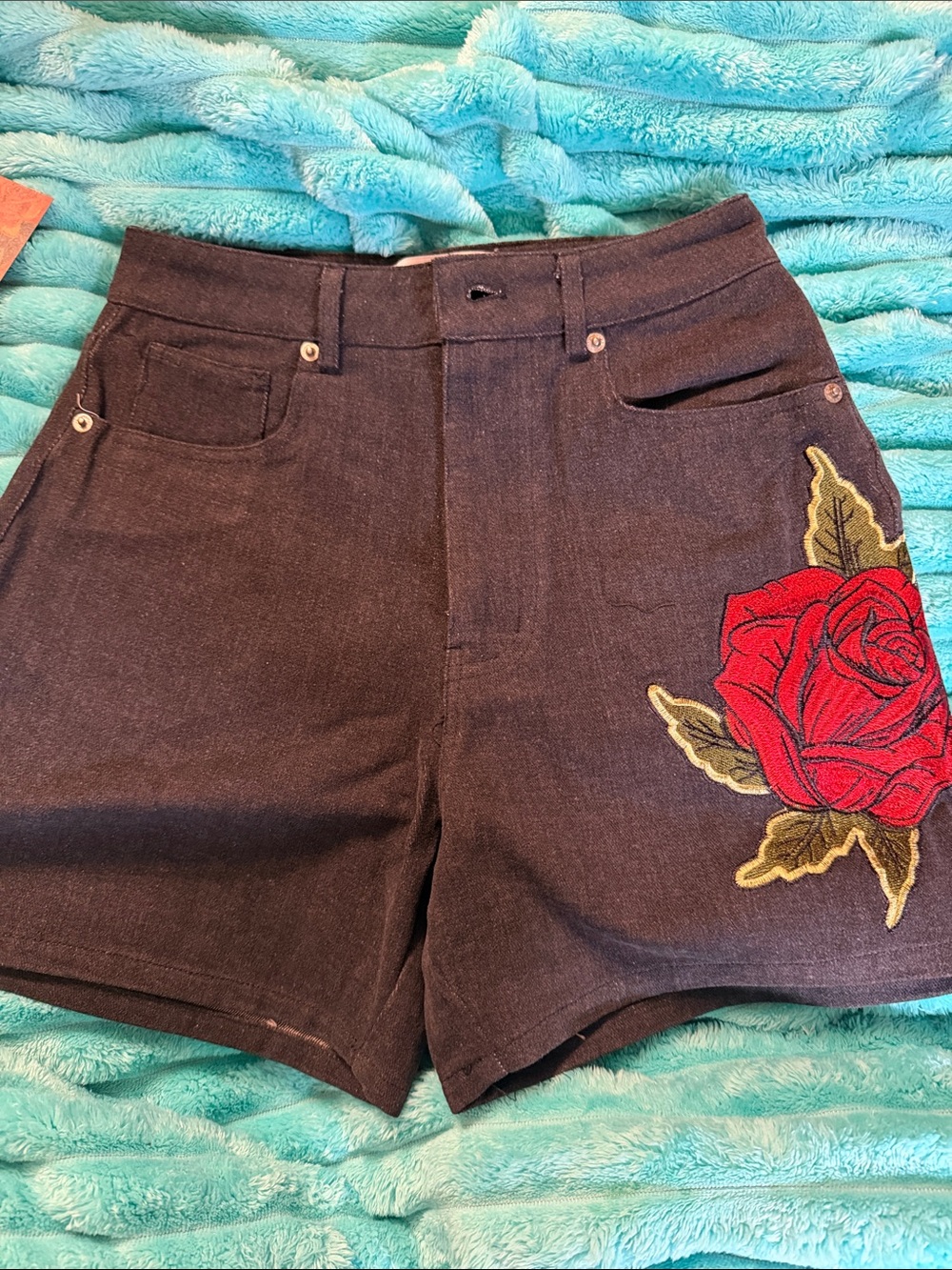 Black Denim Jean Shorts with Red Rose Embroidery